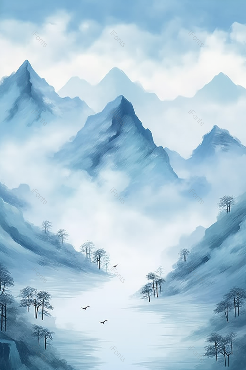 中国风蓝色山水国画山中美景,插画/手绘图,插画/手绘图库,插画/手绘图下载,插画/手绘